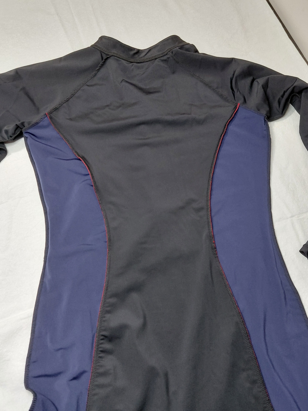 Long-Sleeve One-Piece Swim Suit with Navy Side Panels and Pink Piping - Picture 10 of 16